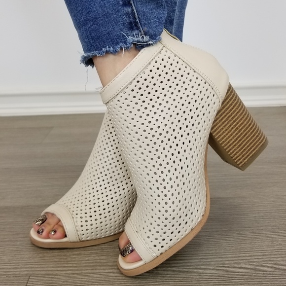 Shoes - Off White Perforated Heeled Open Toe Ankle Boots